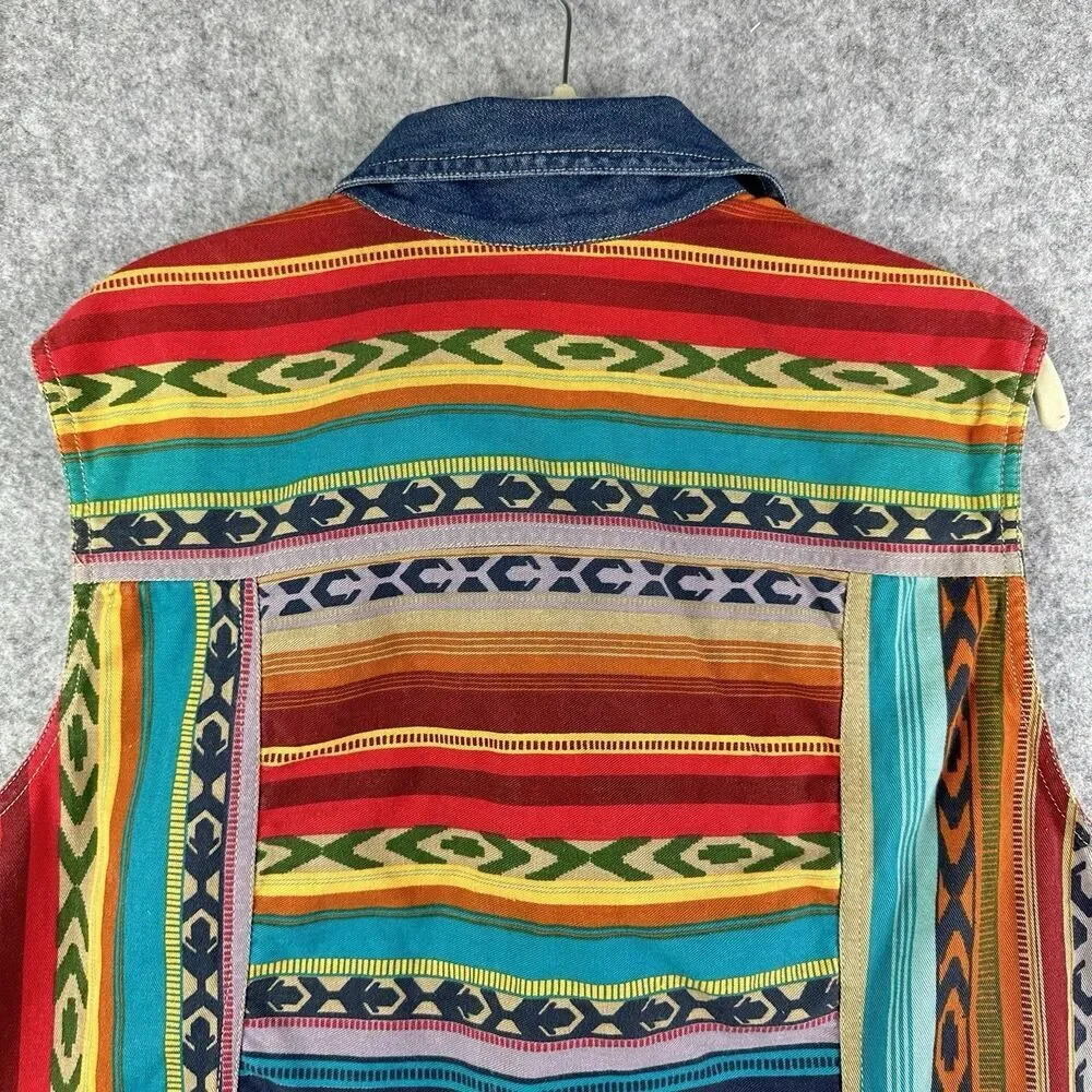 VTG Sun River Southwest Aztec Denim Vest Womens XL Western Beaded Cowboy Boho*